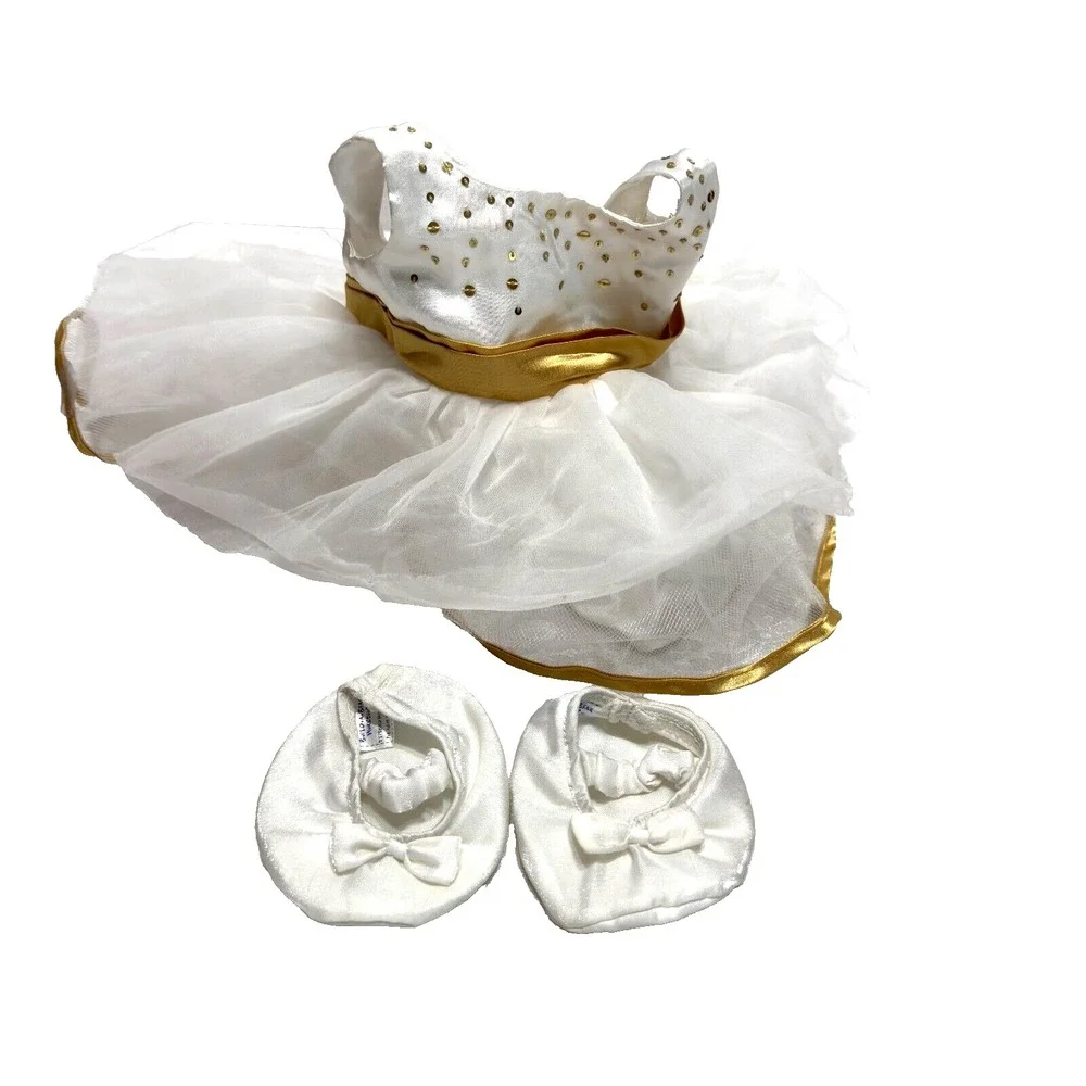 Build a Bear Clothing-Beautiful White Tiered Dress Gold Sequins and shoes Set